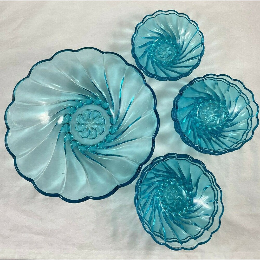 Hazel Atlas Swirl Capri Berry Bowl Set Azure Blue Serving Glass 9 PC Vintage